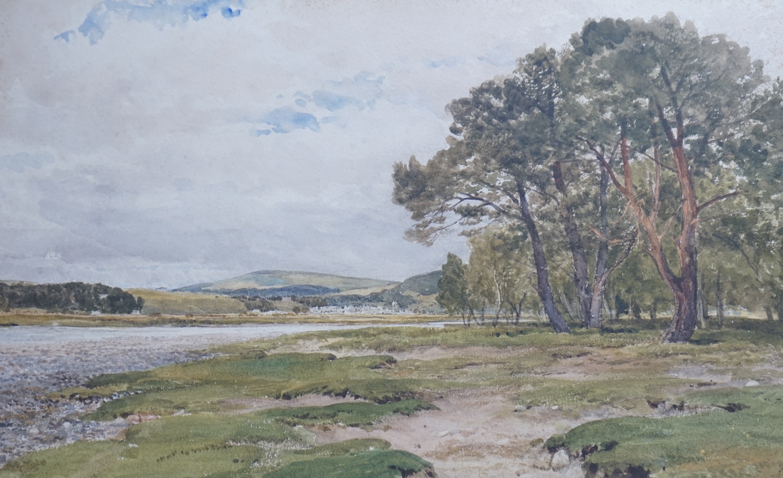 Edmund Morison Wimperis (1835-1900), watercolour, ‘A River Bank’, unsigned, various inscriptions including Christies 15th March 1902 and dated 1828 in ink verso, 28 x 43cm. Condition - fair, some spots of foxing